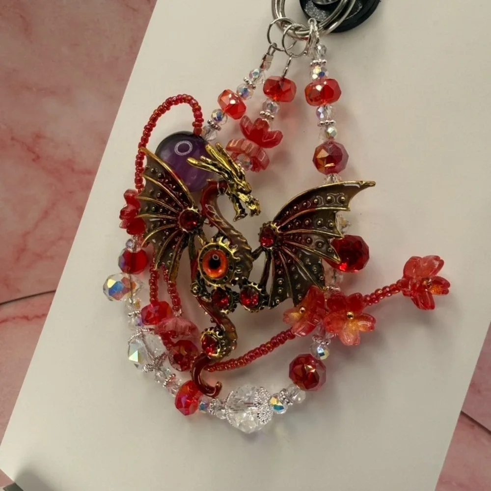 Dragon Red Crystal Beaded Fantasy Phone Wristlet Charm Keychain Premium